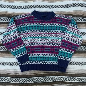 Women's Vintage 90's Adele Knitwear Purple Green Crewneck Pullover Sweater Sz M